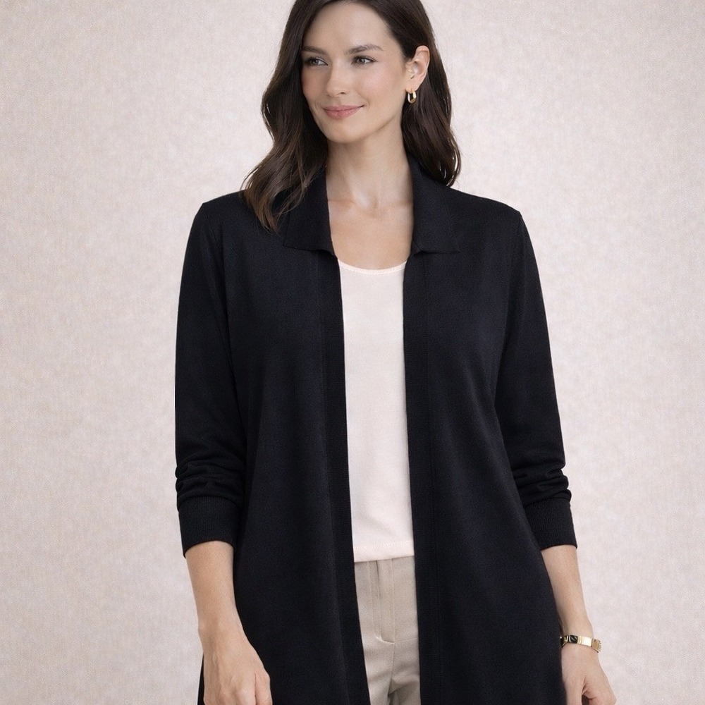 Misook Womens Open Front Cardigan Black Knit Lightweight‎ Long Small
